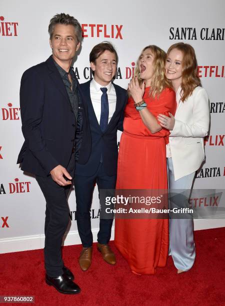 Actors Timothy Olyphant, Skyler Gisondo, Drew Barrymore and Liv Hewson attend Netflix's 'Santa Clarita Diet' season 2 premiere at The Dome at...
