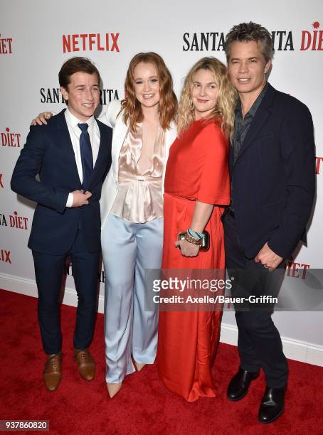 Actors Skyler Gisondo, Liv Hewson, Drew Barrymore and Timothy Olyphant attend Netflix's 'Santa Clarita Diet' season 2 premiere at The Dome at...
