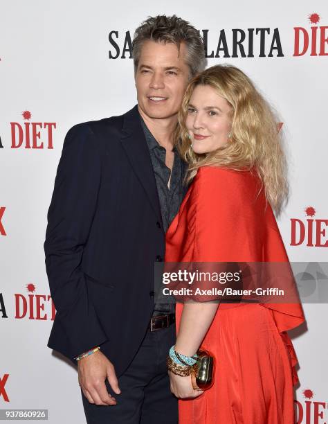 Actors Timothy Olyphant and Drew Barrymore attend Netflix's 'Santa Clarita Diet' season 2 premiere at The Dome at Arclight Hollywood on March 22,...