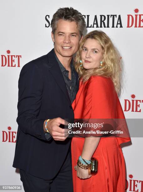 Actors Timothy Olyphant and Drew Barrymore attend Netflix's 'Santa Clarita Diet' season 2 premiere at The Dome at Arclight Hollywood on March 22,...