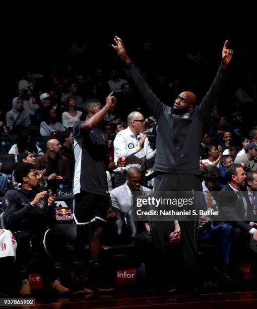 Quincy Acy of the Brooklyn Nets celebrates during the game against the Cleveland Cavaliers on March 25, 2018 at Barclays Center in Brooklyn, New...