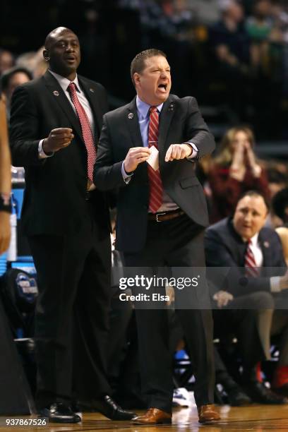 Head coach Chris Beard of the Texas Tech Red Raiders reacts against the Villanova Wildcats during the first half in the 2018 NCAA Men's Basketball...