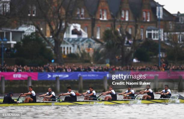 Oxford University Men's Boat Clubs Blue crew during The Cancer Research UK Boat Race 2018 on March 24, 2018 in London, England.