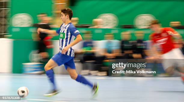 Player of Berlin runs with the ball during the DFB Indoor Football match between FC Astoria Walldorf and Hertha BSC on March 25, 2018 in Gevelsberg,...