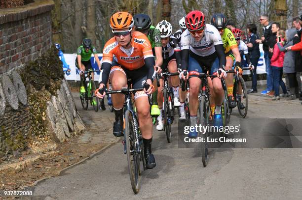 Amy Pieters of Netherlands and nd Boels - Dolmans Cycling Team / Ann-Sophie Duyck of Belgium and Cervelo-Bigla Pro Cycling Team / Kemmelberg / during...