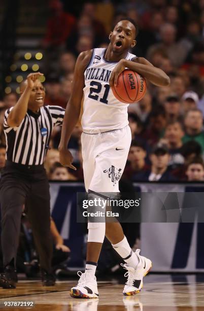 Dhamir Cosby-Roundtree of the Villanova Wildcats reacts during the first half against the Texas Tech Red Raiders in the 2018 NCAA Men's Basketball...