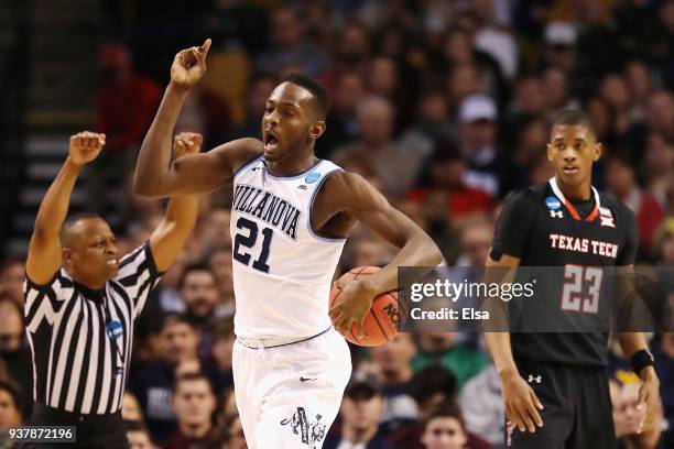 Dhamir Cosby-Roundtree of the Villanova Wildcats reacts during the first half against the Texas Tech Red Raiders in the 2018 NCAA Men's Basketball...