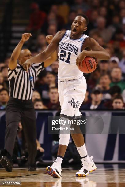 Dhamir Cosby-Roundtree of the Villanova Wildcats reacts during the first half against the Texas Tech Red Raiders in the 2018 NCAA Men's Basketball...