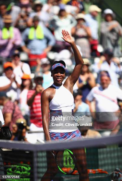 Venus Williams of the United States waves to the crowd after her three set victory against Kiki Bertens of the Netherlands in their third round match...