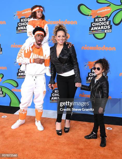 Monroe Cannon, Mariah Carey, Nick Cannon, and Moroccan Scott Cannon arrives at the Nickelodeon's 2018 Kids' Choice Awards at The Forum on March 24,...