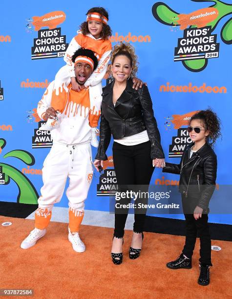 Monroe Cannon, Mariah Carey, Nick Cannon, and Moroccan Scott Cannon arrives at the Nickelodeon's 2018 Kids' Choice Awards at The Forum on March 24,...