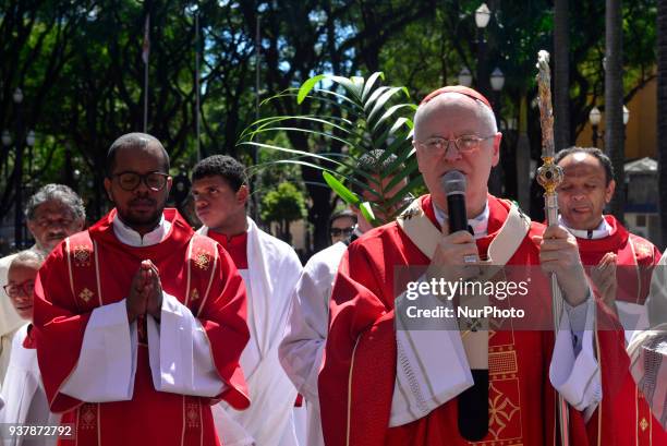 Faithfuls attend Palm Sunday Mass held by Dom Odilo Scherer at Sé Square on March 25, 2018 in São Paulo. Dom Odilo Scherer on Sunday presided at the...