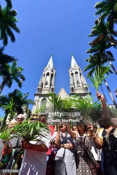 Faithfuls attend Palm Sunday Mass held by Dom Odilo Scherer at Sé Square on March 25, 2018 in São Paulo. Dom Odilo Scherer on Sunday presided at the...