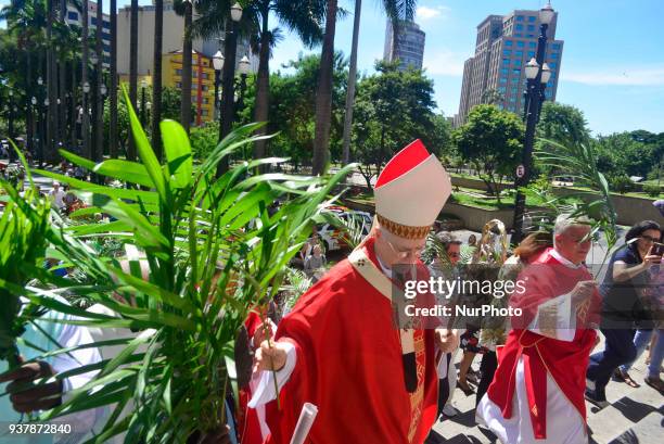 Faithfuls attend Palm Sunday Mass held by Dom Odilo Scherer at Sé Square on March 25, 2018 in São Paulo. Dom Odilo Scherer on Sunday presided at the...