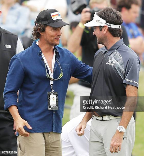 Bubba Watson of the United States talks to actor Matthew McConaughey during the final round of the World Golf Championships-Dell Match Play at Austin...