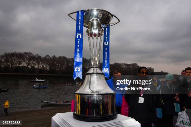 The Cancer Research UK trophy is pictured at the race start, London on March 24, 2018. Cambridge were victorious in both The Cancer Research UK...