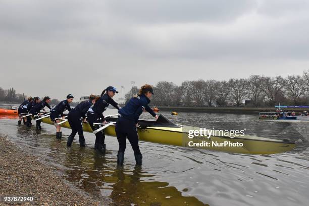 Oxford University Women's Boat Club blue crew take to the water prior The Cancer Research UK Boat Race, London on March 24, 2018. Cambridge were...