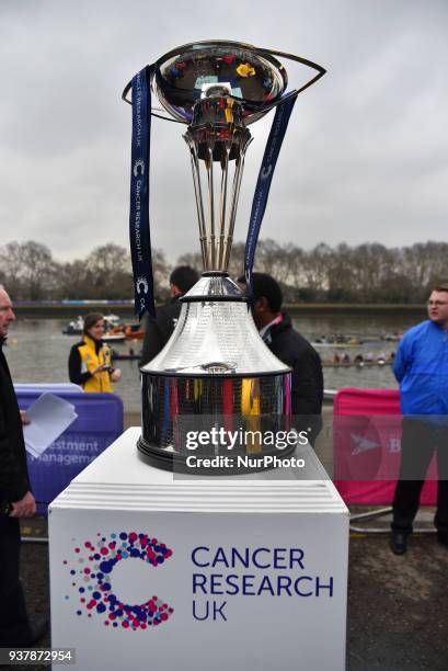 The Cancer Research UK trophy is pictured at the race start, London on March 24, 2018. Cambridge were victorious in both The Cancer Research UK...