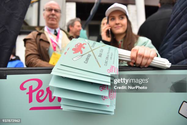 Cambridge University official merchandise is pictured at the race start, London on March 24, 2018. Cambridge were victorious in both The Cancer...