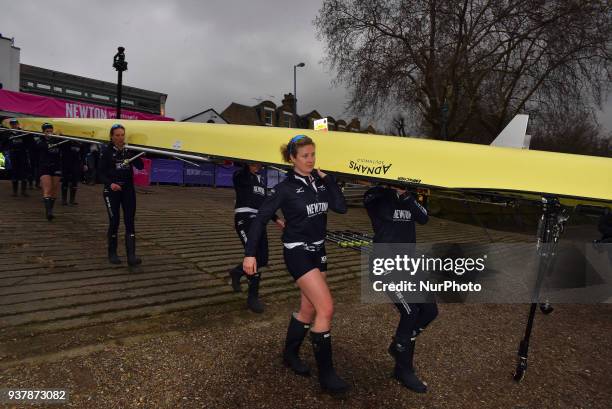 Oxford University Women's Boat Club blue crew take to the water prior The Cancer Research UK Boat Race, London on March 24, 2018. Cambridge were...