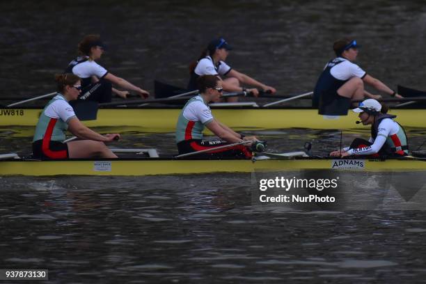 Cambridge University Men's Boat Club and Oxford University Boat Club row during The Cancer Research UK Boat Race, London on March 24, 2018. Cambridge...