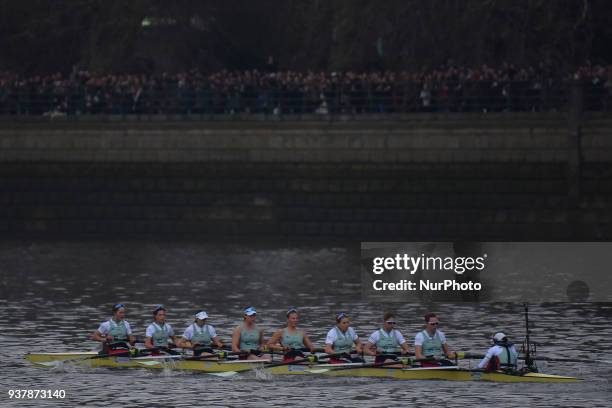 Cambridge University Men's Boat Club and Oxford University Boat Club row during The Cancer Research UK Boat Race, London on March 24, 2018. Cambridge...