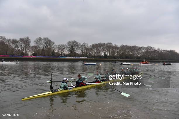 Cambridge University Women's Boat Club blue crew take to the water prior The Cancer Research UK Boat Race, London on March 24, 2018. Cambridge were...