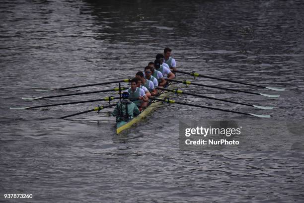 Cambridge University Boat Club blue crew are pictured at the start of The Cancer Research UK Boat Race, London on March 24, 2018. Cambridge were...