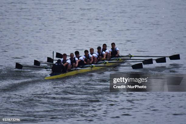 Cambridge University Boat Club blue crew are pictured at the start of The Cancer Research UK Boat Race, London on March 24, 2018. Cambridge were...