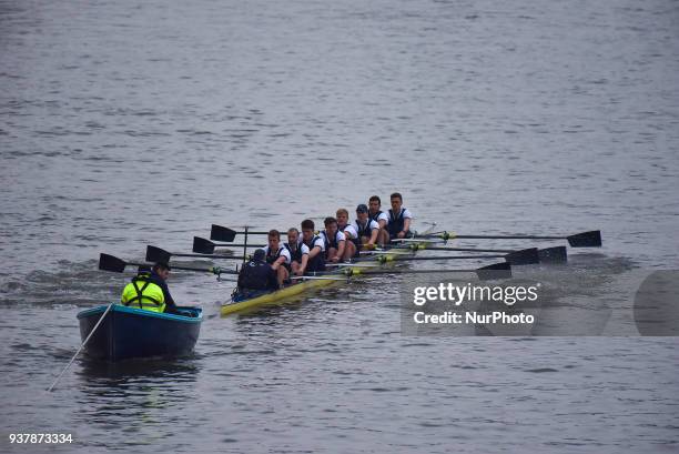 Cambridge University Boat Club blue crew are pictured at the start of The Cancer Research UK Boat Race, London on March 24, 2018. Cambridge were...