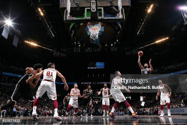 Allen Crabbe of the Brooklyn Nets shoots the ball against the Cleveland Cavaliers on March 25, 2018 at Barclays Center in Brooklyn, New York. NOTE TO...