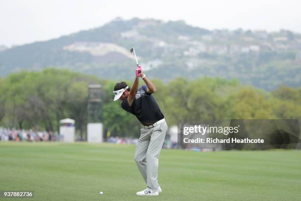 Bubba Watson of the United States plays his second shot on the sixth hole during his final round match against Kevin Kisner of the United States in...