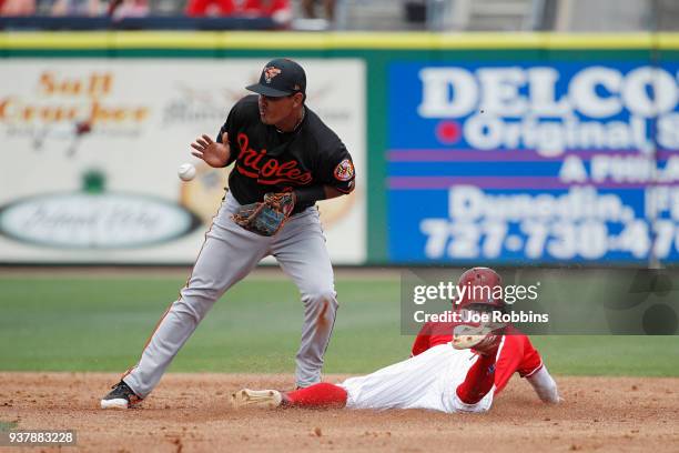 Roman Quinn of the Philadelphia Phillies steals second base ahead of the throw to Ruben Tejada of the Baltimore Orioles in the third inning of a...