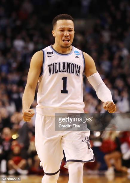 Jalen Brunson of the Villanova Wildcats celebrates after his team defeated the Texas Tech Red Raiders in the 2018 NCAA Men's Basketball Tournament...