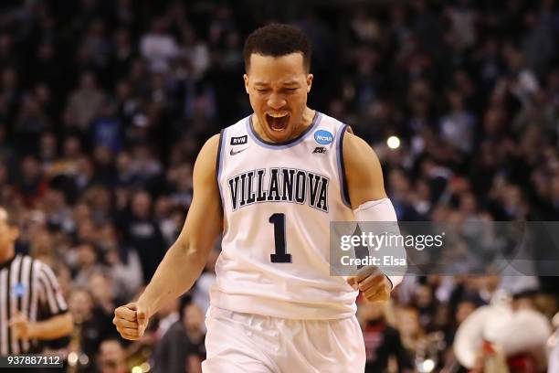 Jalen Brunson of the Villanova Wildcats celebrates defeating the Texas Tech Red Raiders 71-59 in the 2018 NCAA Men's Basketball Tournament East...