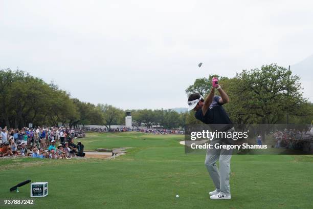 Bubba Watson of the United States plays his shot from the seventh tee during his final round match against Kevin Kisner of the United States in the...