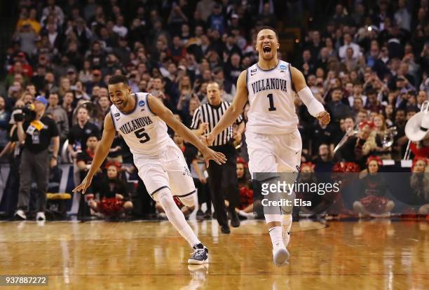 Phil Booth and Jalen Brunson of the Villanova Wildcats celebrate defeating the Texas Tech Red Raiders 71-59 in the 2018 NCAA Men's Basketball...
