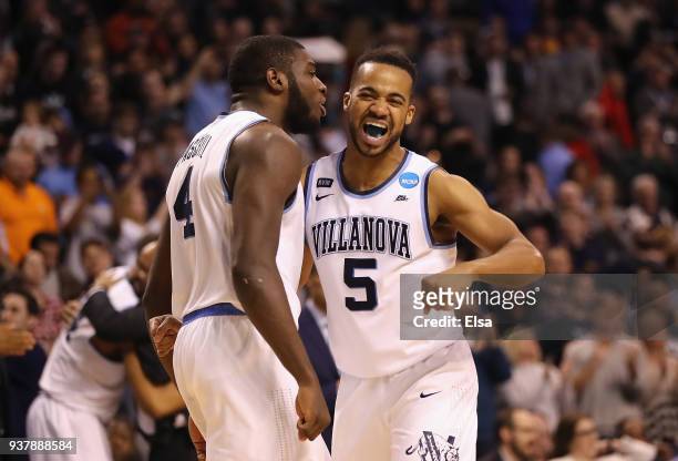 Eric Paschall and Phil Booth of the Villanova Wildcats celebrate during the second half against the Texas Tech Red Raiders in the 2018 NCAA Men's...