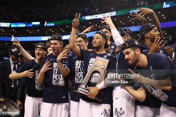 The Villanova Wildcats celebrate with the East Regional Champion trophy after defeating the Texas Tech Red Raiders 71-59 in the 2018 NCAA Men's...