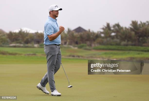 Brice Garnett reacts to his putt on the 18th green to win during the final round of the Corales Puntacana Resort & Club Championship on March 25,...