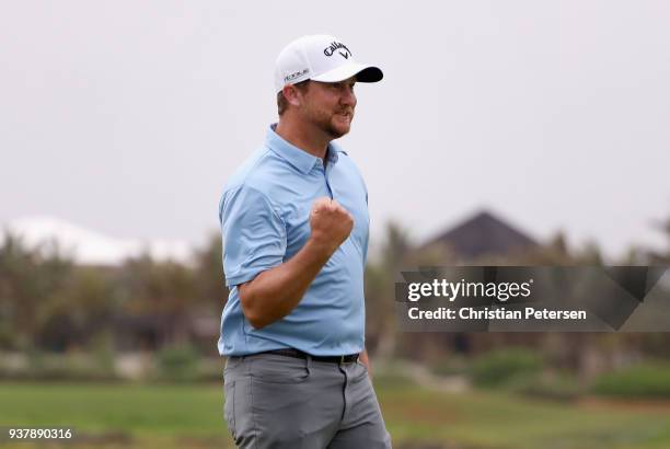 Brice Garnett reacts to his putt on the 18th green to win during the final round of the Corales Puntacana Resort & Club Championship on March 25,...