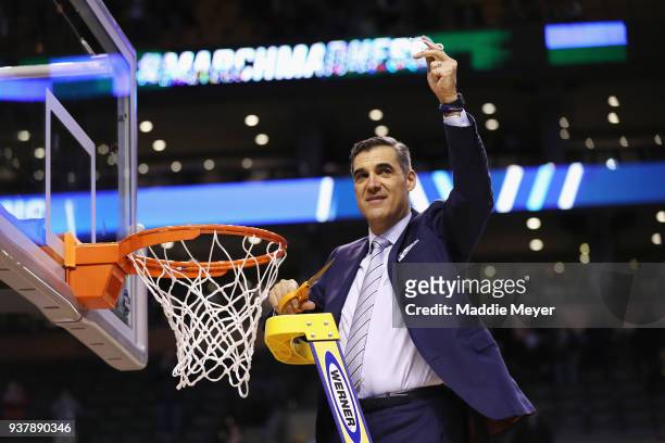 Head coach Jay Wright of the Villanova Wildcats cuts the net after defeating the Texas Tech Red Raiders 71-59 in the 2018 NCAA Men's Basketball...