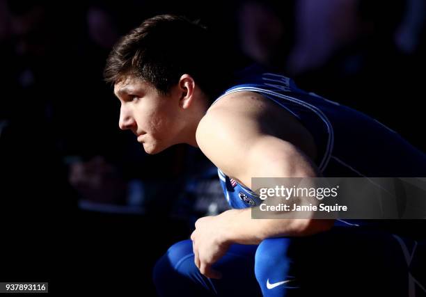 Grayson Allen of the Duke Blue Devils looks on prior to the game against the Kansas Jayhawks in the 2018 NCAA Men's Basketball Tournament Midwest...