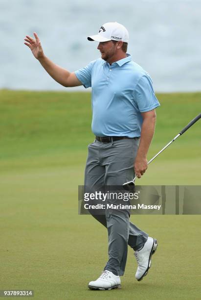 Brice Garnett reacts to his putt on the 18th green to win during the final round of the Corales Puntacana Resort & Club Championship on March 25,...