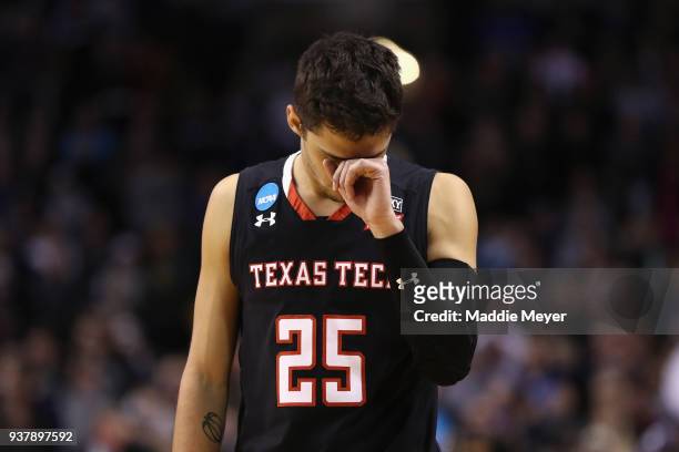 Davide Moretti of the Texas Tech Red Raiders reacts during the second half against the Villanova Wildcats in the 2018 NCAA Men's Basketball...