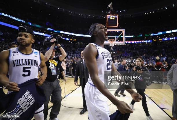 Dhamir Cosby-Roundtree of the Villanova Wildcats celebrates after defeating the Texas Tech Red Raiders 71-59 in the 2018 NCAA Men's Basketball...