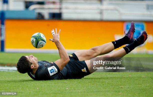 Bautista Delguy of Jaguares scores a try during a match between Jaguares and Lions as part of the sixth round of Super Rugby at Jose Amalfitani...