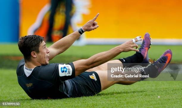 Bautista Delguy of Jaguares celebrates after scoring a try during a match between Jaguares and Lions as part of the sixth round of Super Rugby at...