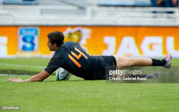 Bautista Delguy of Jaguares scores a try during a match between Jaguares and Lions as part of the sixth round of Super Rugby at Jose Amalfitani...