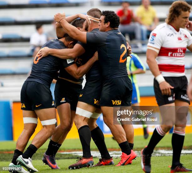 Bautista Delguy of Jaguares celebrates with teammates after scoring a try during a match between Jaguares and Lions as part of the sixth round of...